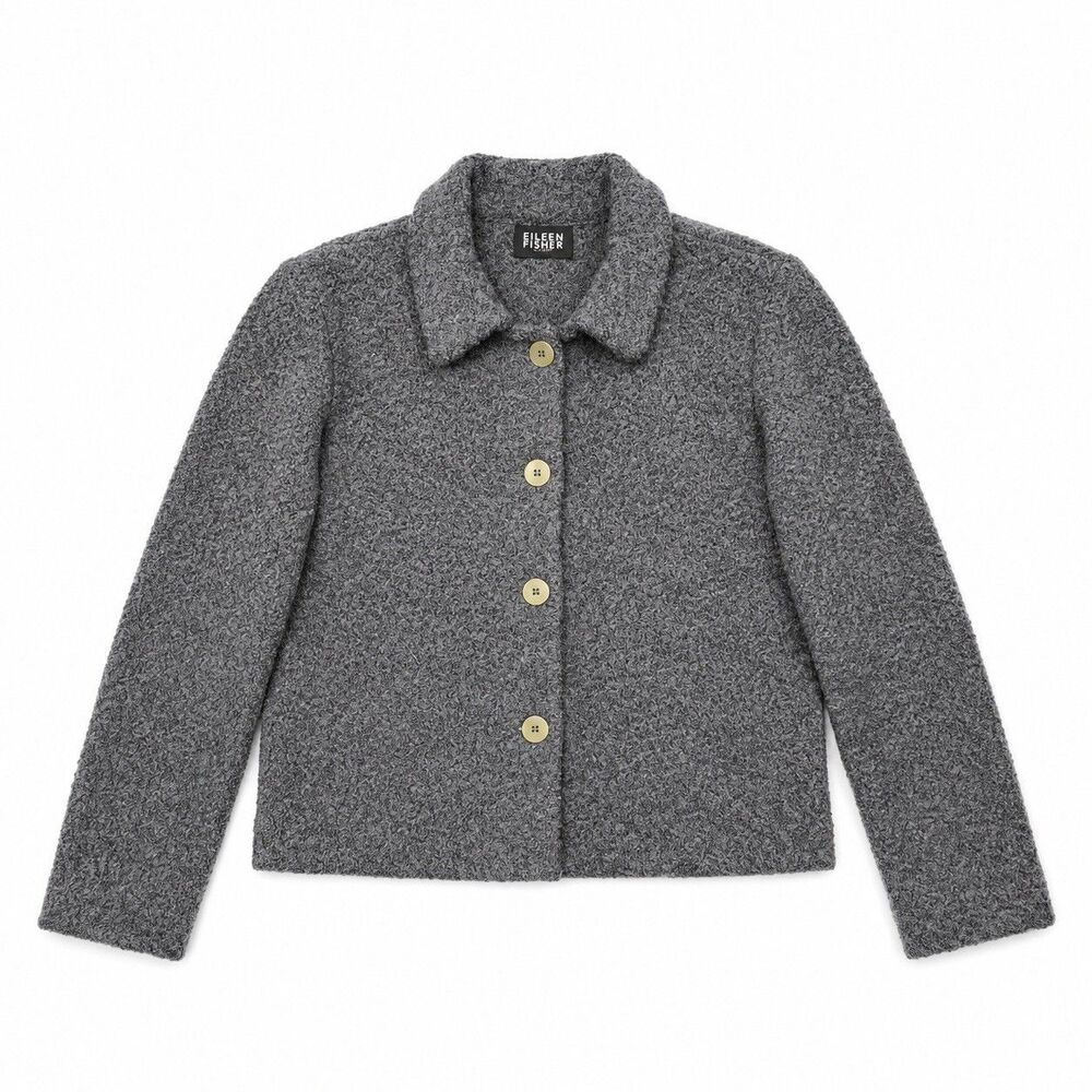VTG Eileen Fisher NY Gray Fuzzy Wool Blend Button Up Jacket Women Size Large - Picture 2 of 4